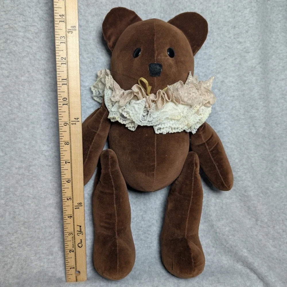 Unbranded Velvet Teddy Bear Unisex Small Brown Button Jointed Lace Collar